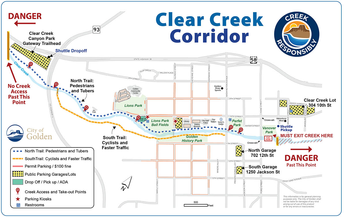 Map showing trail for pedestrians and tubers on the north side of the bank, cyclists and faster traffic on the south bank, public parking garages, and creek access and take-out points.
