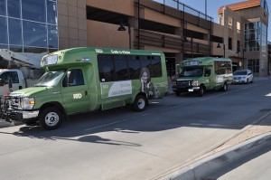 Community Call-n-Ride Buses lined up outside of the RTD station