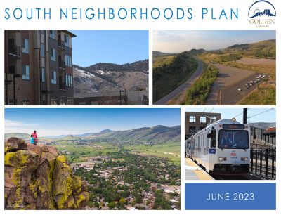 Collage of pictures from areas in south Golden including the lightrail and a panoramic shot.